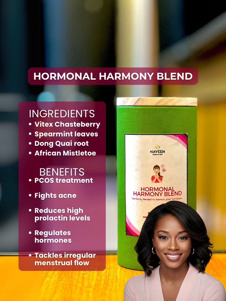 Hormonal Harmony Blend herbal tea by Naveen House of Teas with ingredient and benefit list beside the green container and a smiling woman in the corner.