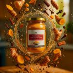 A jar of Naveen Turmeric Ginger Shots surrounded by splashing liquid and flying turmeric, ginger, and cloves on a wooden kitchen background.