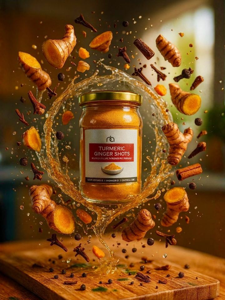 A jar of Naveen Turmeric Ginger Shots surrounded by splashing liquid and flying turmeric, ginger, and cloves on a wooden kitchen background.