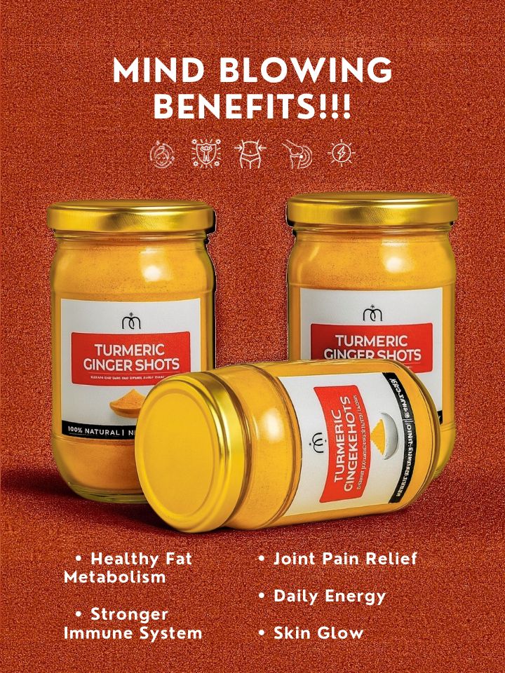 Three jars of Naveen Turmeric Ginger Shots against a textured orange background with the text “Mind Blowing Benefits!!!