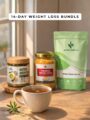 Herbal 14-day weight loss bundle featuring matcha green tea, turmeric ginger shots, and herbal weight loss tea arranged on a wooden table with a cup of tea.