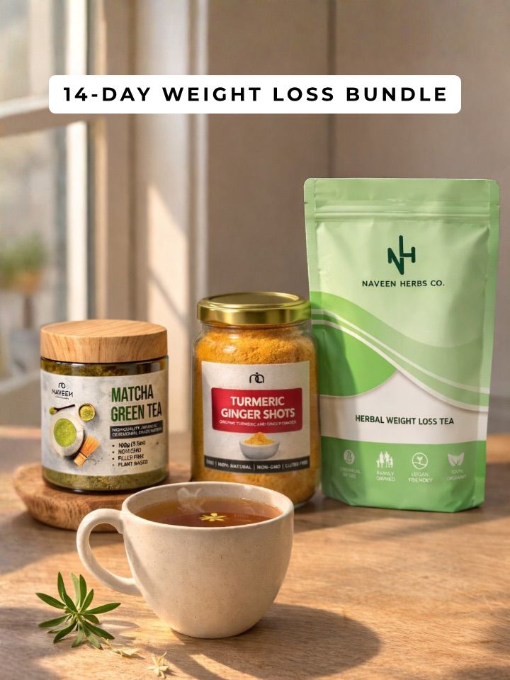 Herbal 14-day weight loss bundle featuring matcha green tea, turmeric ginger shots, and herbal weight loss tea arranged on a wooden table with a cup of tea.