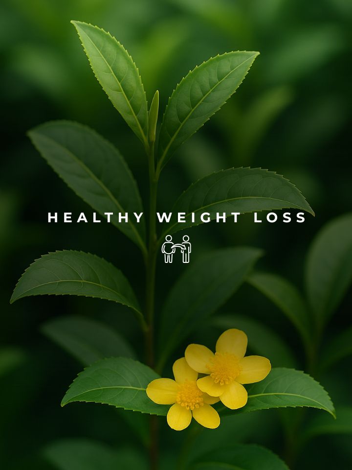 Herbal weight loss tea leaves with yellow flowers symbolizing natural fat metabolism and wellness.