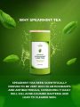 Naveen Organic Spearmint Leaf Tea container surrounded by floating spearmint leaves on a vivid green background with antibacterial and antioxidant claims.