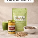 Herbal detox bundle featuring Supergreens powder, turmeric ginger shots, dandelion root, and milk thistle seeds arranged on a neutral beige background.