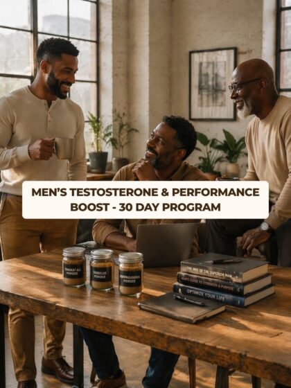 Three men of different ages in a warm office setting with a herbal testosterone support bundle including Longjack tea, Tongkat Ali, Tribulus, and Ashwagandha on a wooden table.