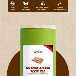 A tin of Naveen Ashwagandha Root Tea against a beige and brown minimalist background, symbolizing natural energy, stress balance, and holistic wellness.