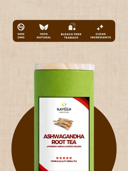 A tin of Naveen Ashwagandha Root Tea against a beige and brown minimalist background, symbolizing natural energy, stress balance, and holistic wellness.
