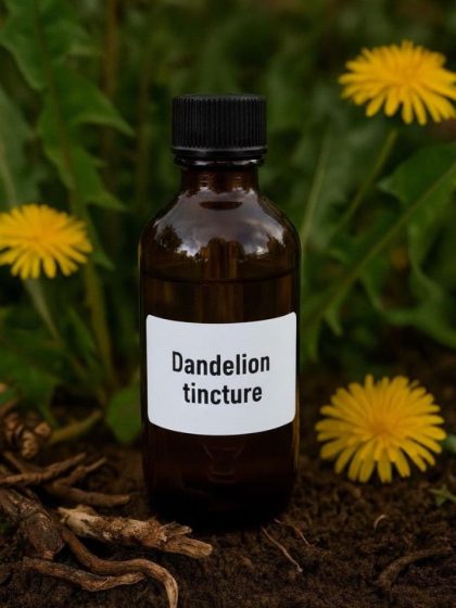 Brown glass bottle of dandelion tincture placed on soil with fresh dandelion flowers and roots in the background
