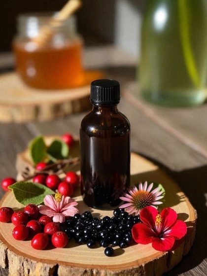 A bottle of elderberry tincture surrounded by fresh elderberries, echinacea flower, hibiscus, cranberries, and honey on a wooden board.