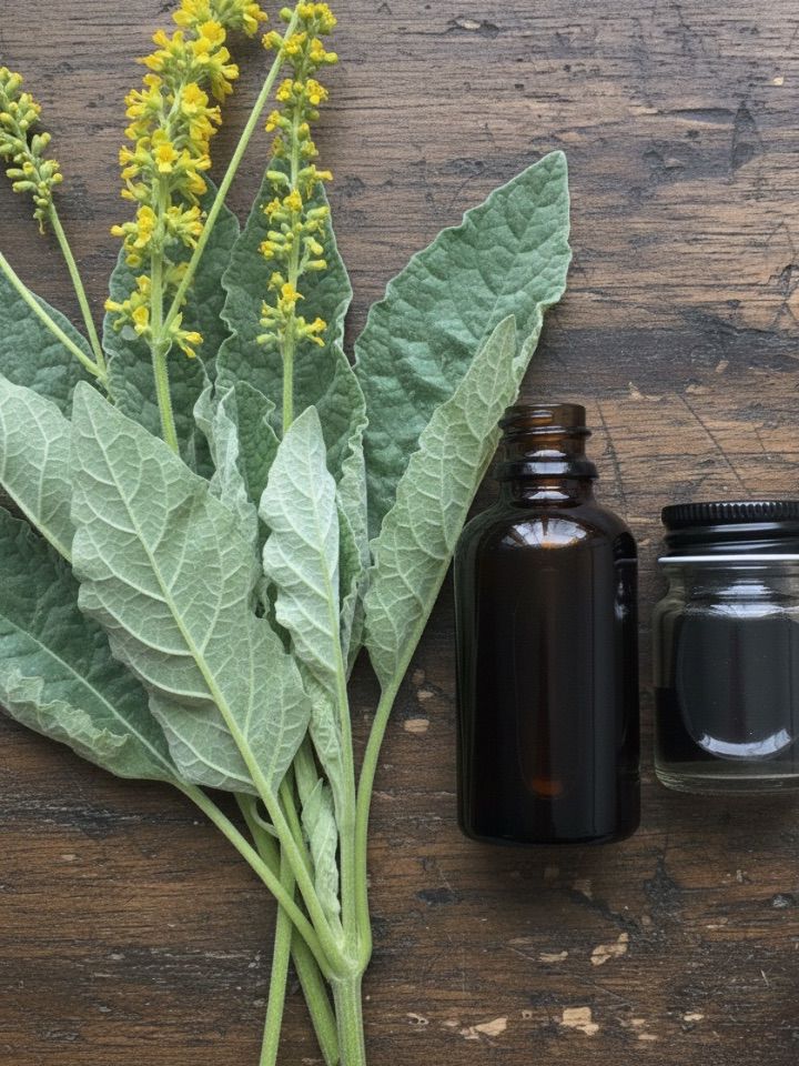 Fresh mullein leaves and flowers beside an amber tincture bottle for Mullein Tincture respiratory support extract