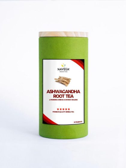 A tin of Naveen Ashwagandha Root Tea on a clean white background, symbolizing purity, vitality, and natural energy balance.