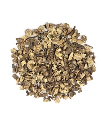 Dried black cohosh root pieces on a white background, traditionally used for supporting women’s hormonal and menopausal wellness.