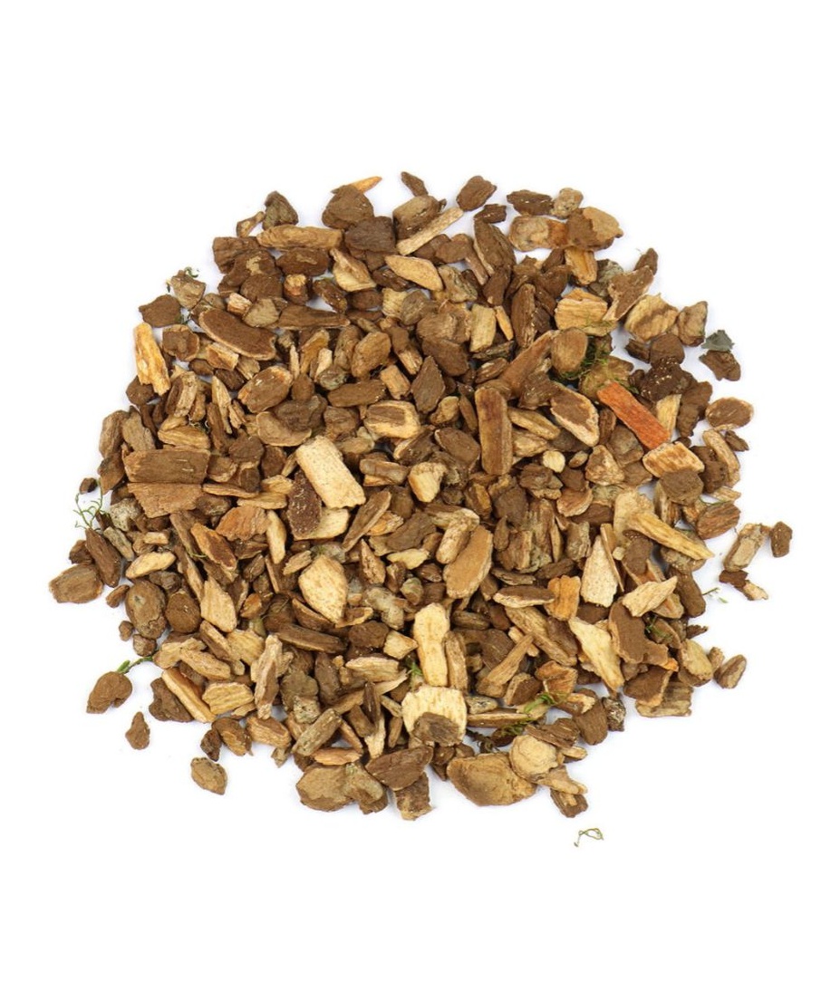 Dried Black Haw Bark pieces on a white background, traditionally used for menstrual comfort and uterine calming benefits.