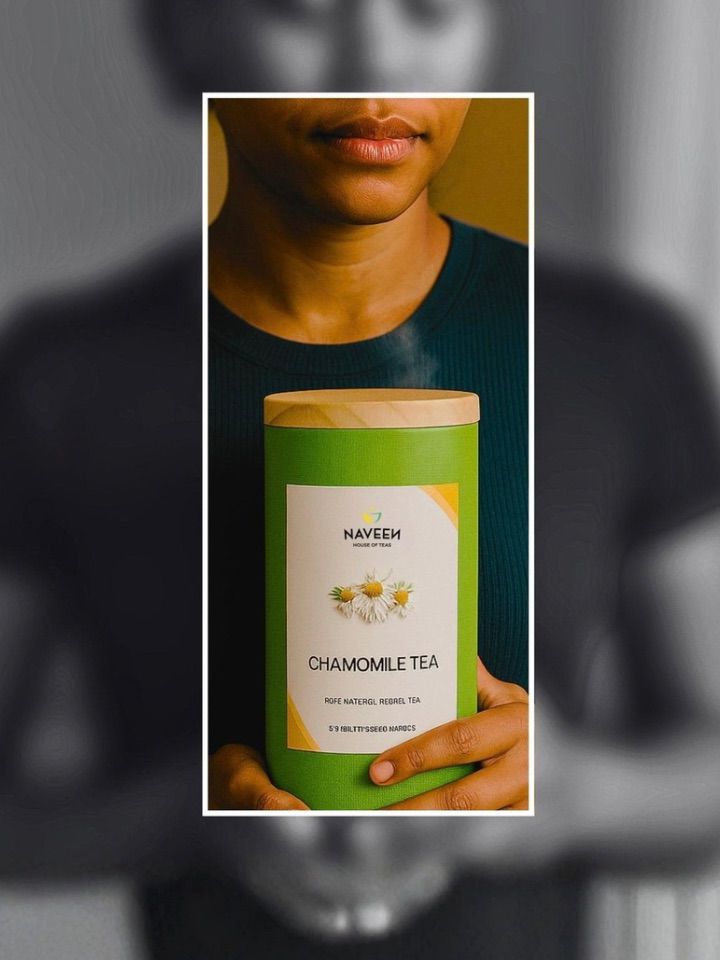 A woman gently holding a tin of Naveen Chamomile Tea, symbolizing calmness, relaxation, and natural stress relief.