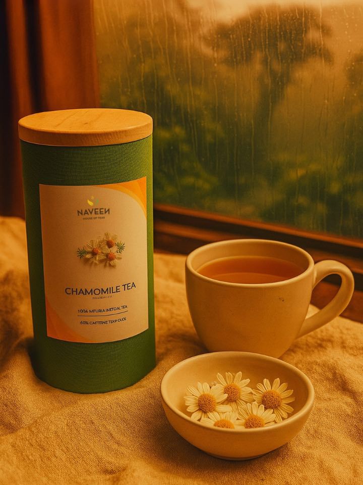 A warm-toned photo of Naveen Chamomile Tea beside a steaming cup and fresh chamomile flowers, set near a window, symbolizing peace and comfort.
