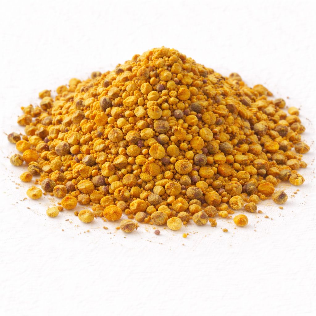 Pile of bee pollen granules on white textured background