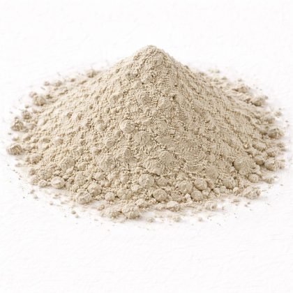 Pile of bentonite clay powder on white textured background