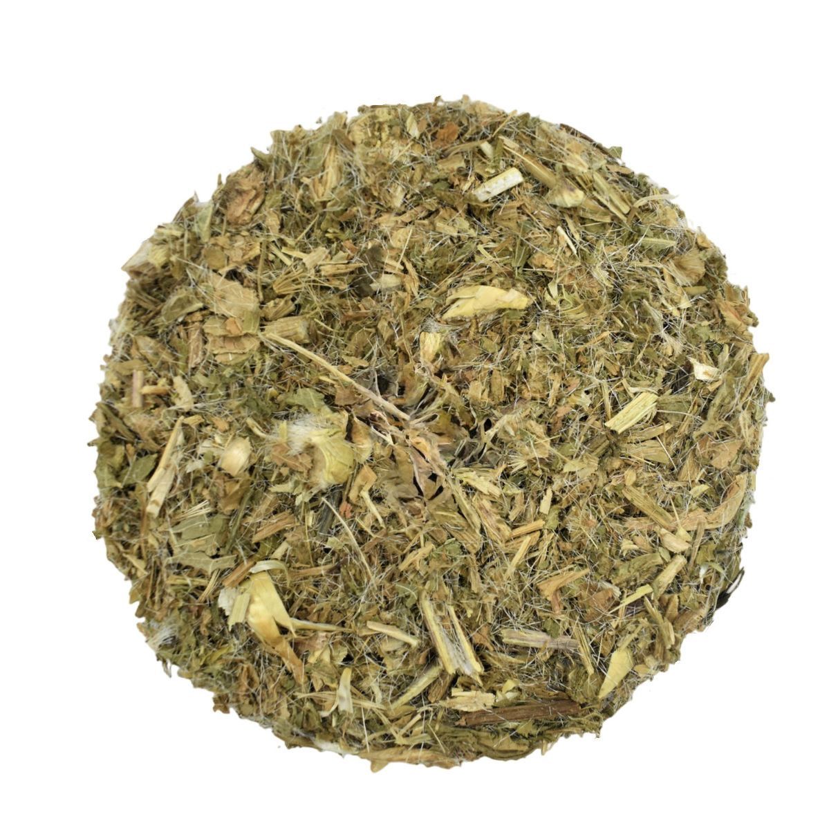 Pile of dried blessed thistle herb with leaves and flower heads on white textured background