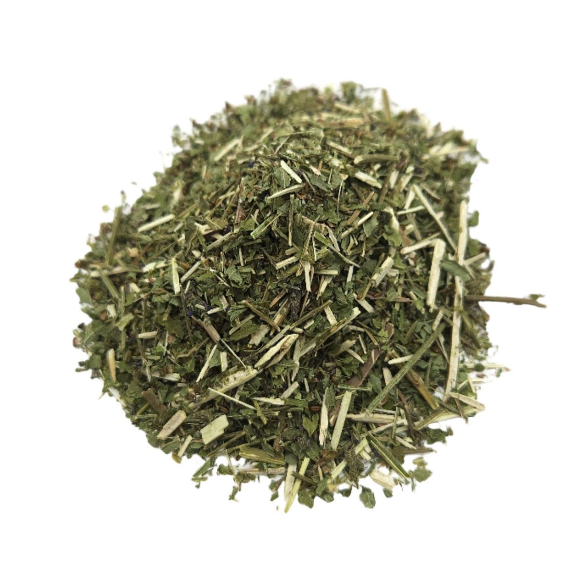 Pile of dried blue vervain aerial parts on white textured background