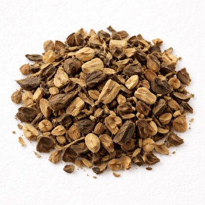 Pile of dried blue cohosh root pieces on white textured background