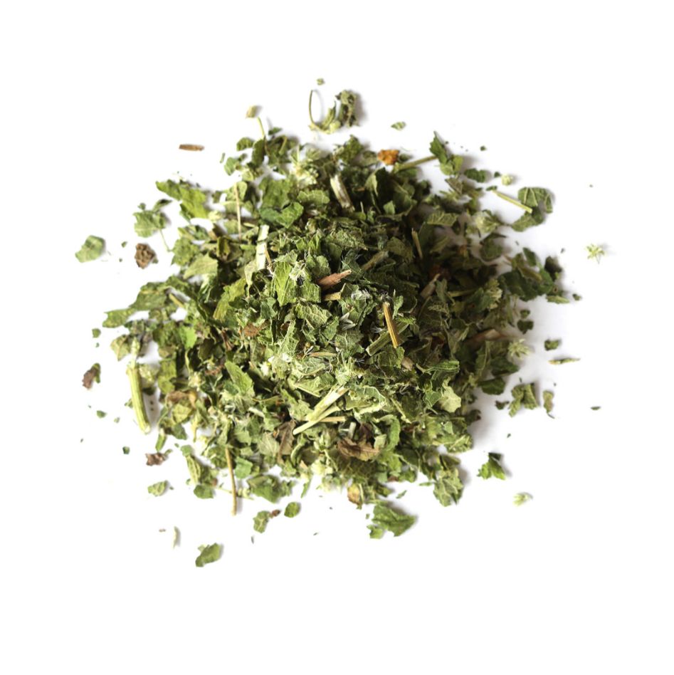 Pile of dried boneset herb from Naveen Herbs on a white background