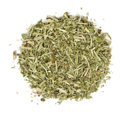 Pile of dried bugleweed herb on white textured background