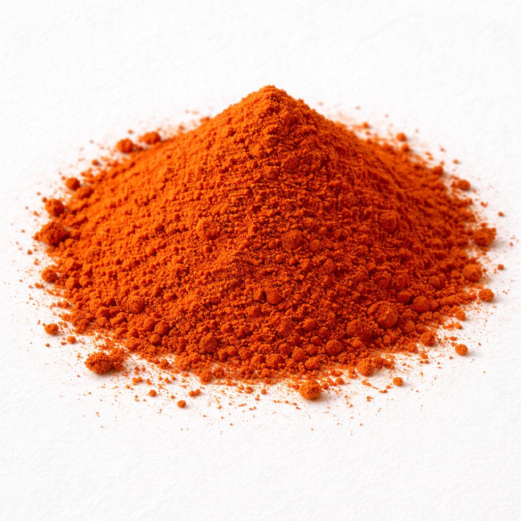 Bright red cayenne pepper powder in a loose mound on a white background.