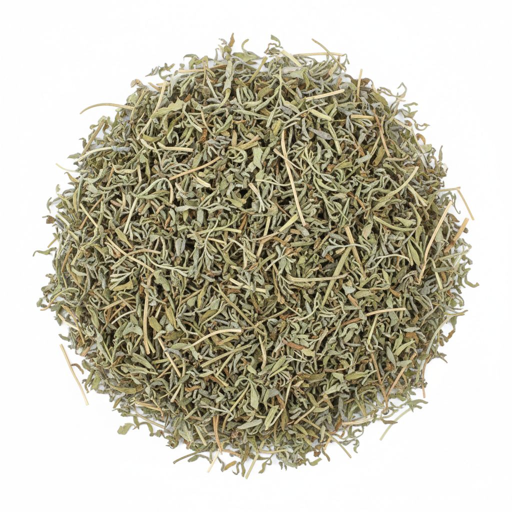 Loose dried damiana leaves and stems piled on a white background.