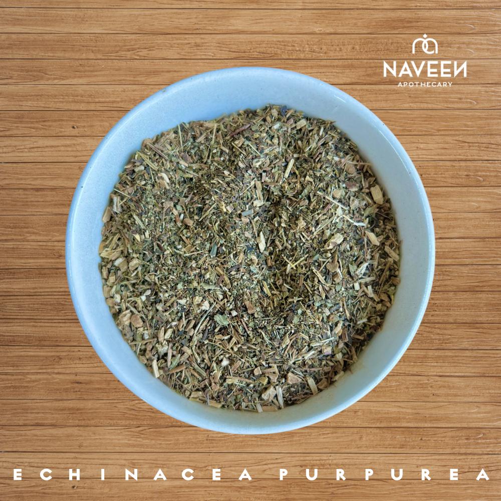 A bowl of dried echinacea purpurea herb pieces on a wooden surface with the Naveen Apothecary logo.