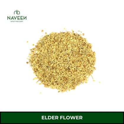 Loose dried elder flowers displayed on a white background with the Naveen Apothecary logo.