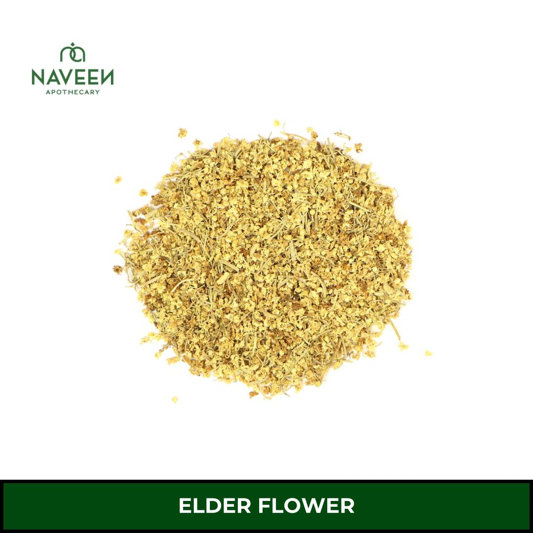 Loose dried elder flowers displayed on a white background with the Naveen Apothecary logo.