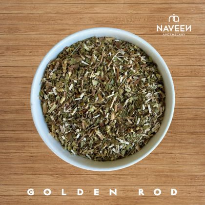 A bowl of dried goldenrod herb pieces on a wooden surface with the Naveen Apothecary logo.