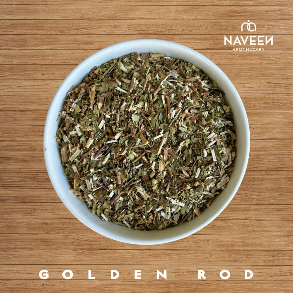 A bowl of dried goldenrod herb pieces on a wooden surface with the Naveen Apothecary logo.