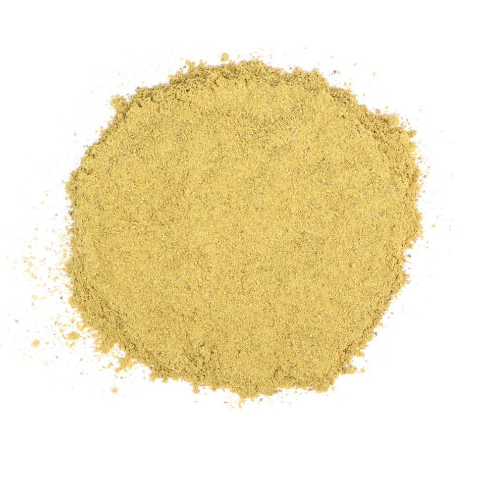 Pile of dried cascara sagrada bark powder from Naveen Herbs on a white background