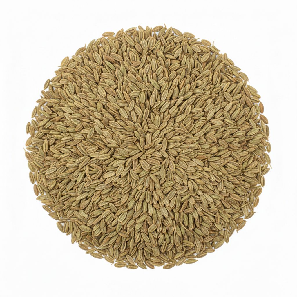 Loose pile of dried anise seeds arranged in a circular shape on a white background.