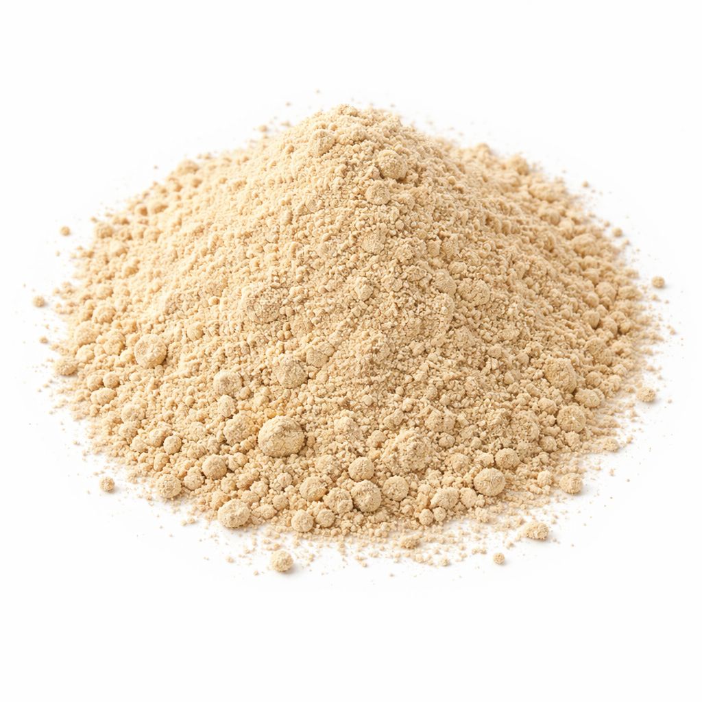 Pile of astragalus root powder on white textured background