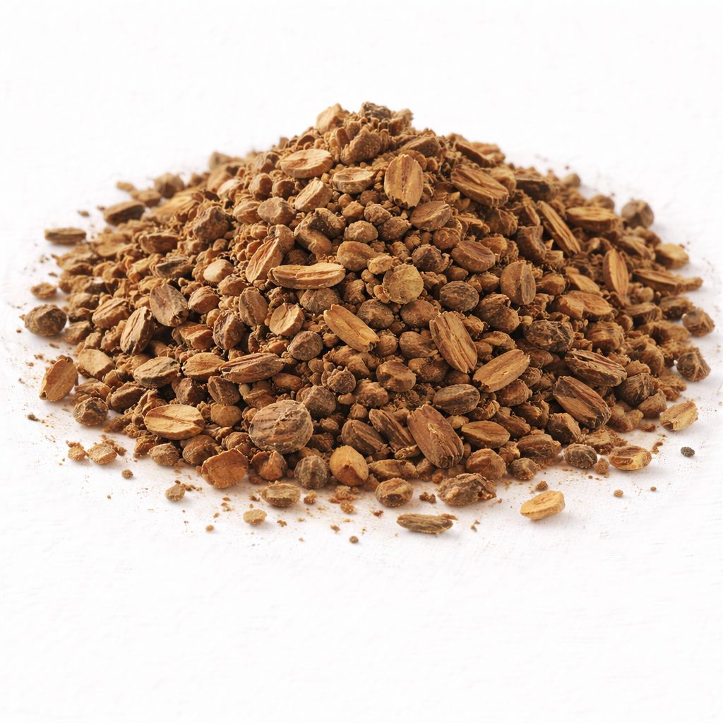 Pile of dried black haw bark on white textured background