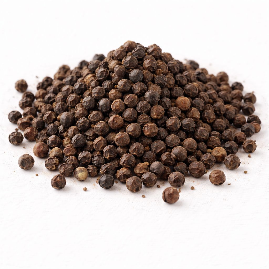 Pile of black pepper seeds on white textured background