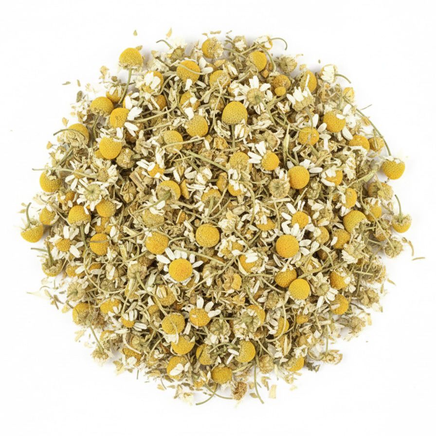 Loose dried chamomile flowers with yellow buds and pale petals arranged on a white background.