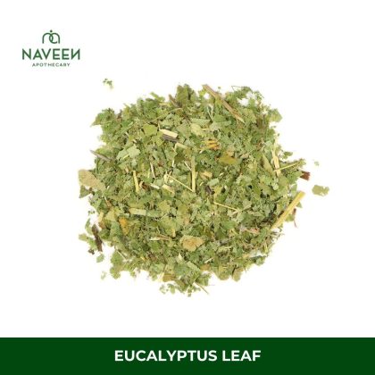 Dried eucalyptus leaf pieces displayed on a white background with the Naveen Apothecary logo.