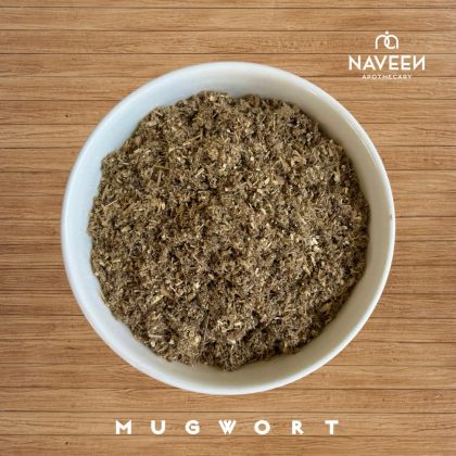 A bowl of dried mugwort herb on a wooden surface with the Naveen Apothecary logo.