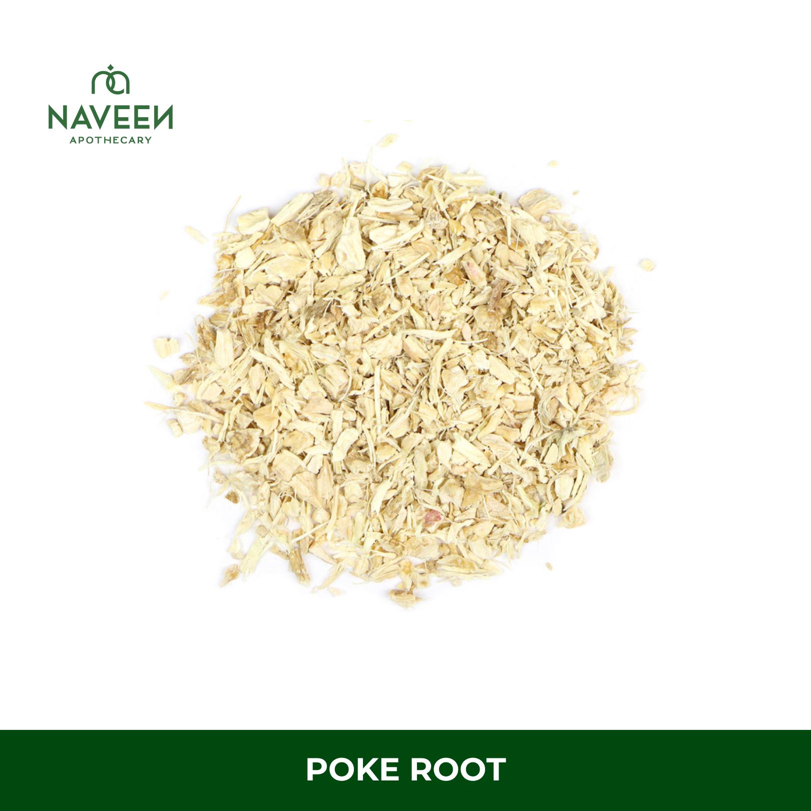 Loose dried poke root pieces displayed on a white background with the Naveen Apothecary logo.