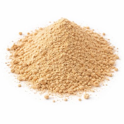Light brown rhodiola root powder in a loose mound on a white background.