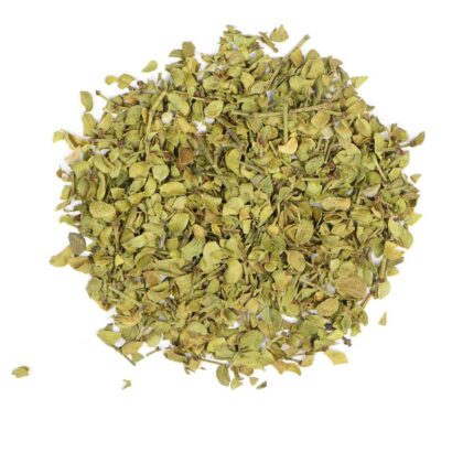 Pile of dried chaparral leaves from Naveen Herbs on a white background