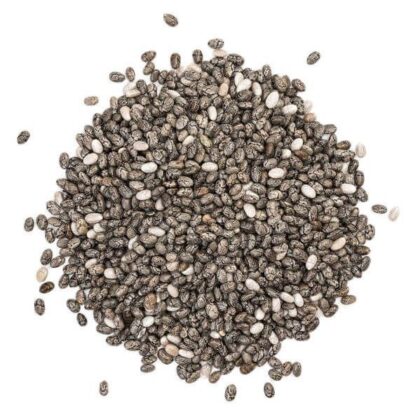 Pile of chia seeds from Naveen Herbs on a white background