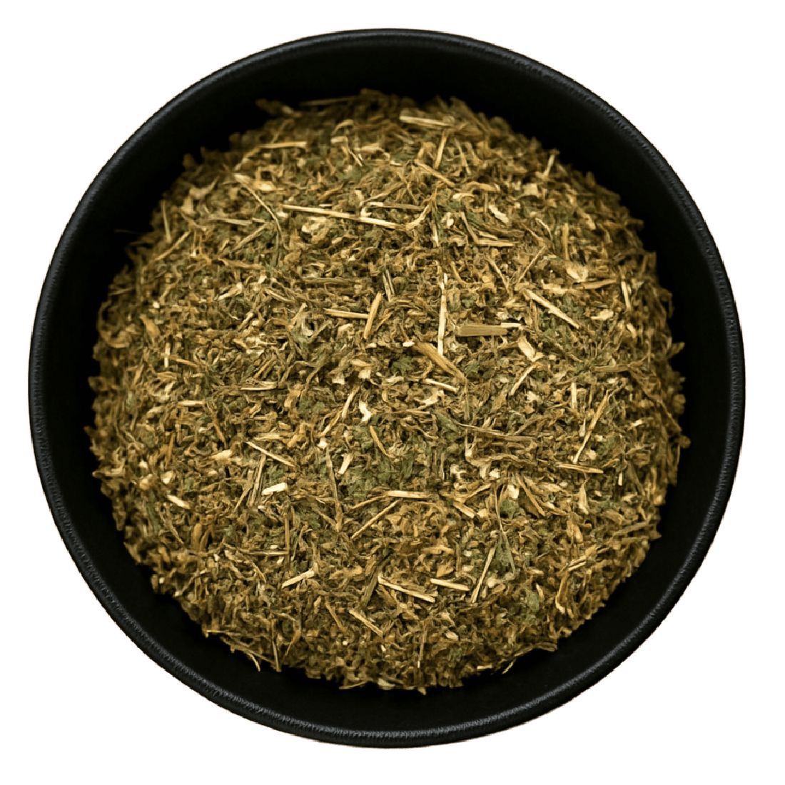 Pile of dried chickweed herb from Naveen Herbs on a white background