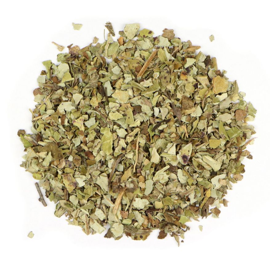 Pile of dried coltsfoot leaf from Naveen Herbs on a white background