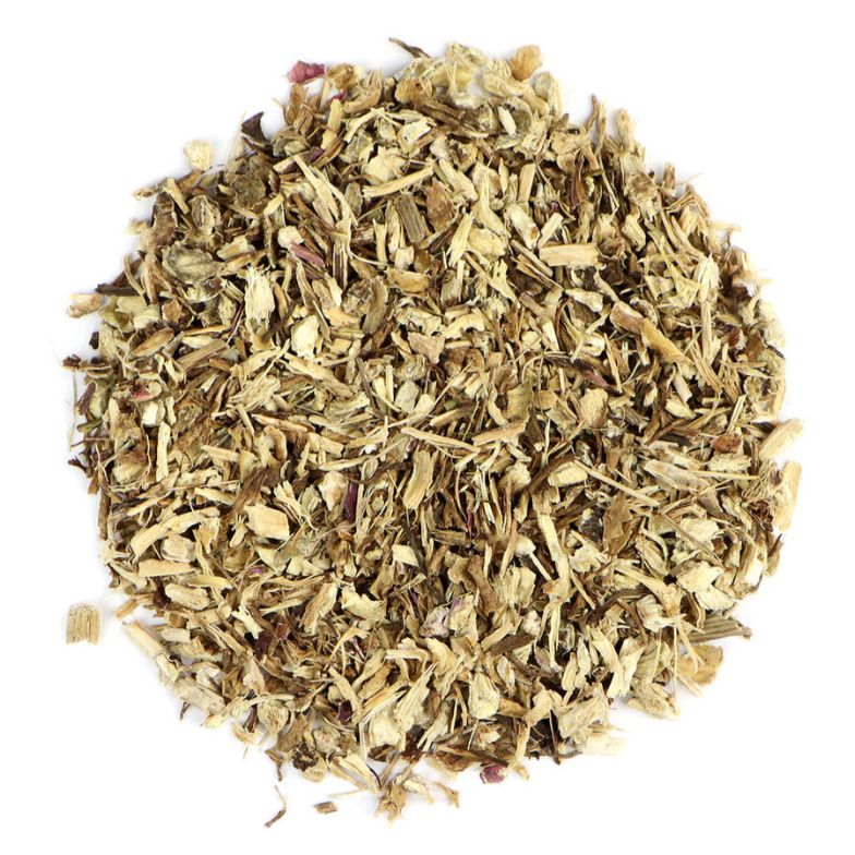 Pile of dried echinacea purpurea root on a white background