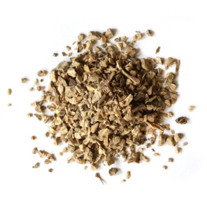 Pile of dried elecampane root on a white background